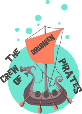 Hình minh họa thuyền cướp biển Viking với cánh buồm màu cam và dòng chữ 'The Drunken Pirates'