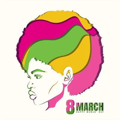 Hình minh họa chân dung phụ nữ với mái tóc xoăn bồng bềnh nhiều màu sắc, kèm chữ '8 MARCH HAPPY WOMAN' DAY'