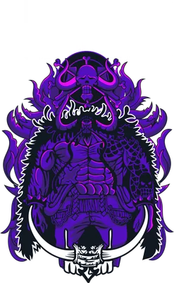 Hình ảnh Kaido Rồng Tím Uy Nghiêm từ One Piece, với biểu tượng đầu lâu và sừng.