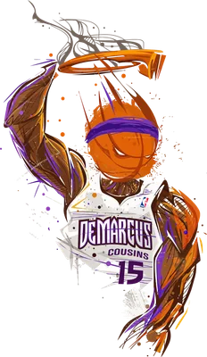 Hình vẽ cầu thủ bóng rổ Demarcus Cousins đang thực hiện cú úp rổ, với bóng rổ thay cho đầu và áo số 15.
