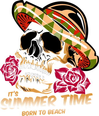 Hình minh họa đầu lâu đội mũ sombrero sặc sỡ với hoa hồng đỏ, kèm chữ 'It's Summer Time Born to Beach' trên nền xám.