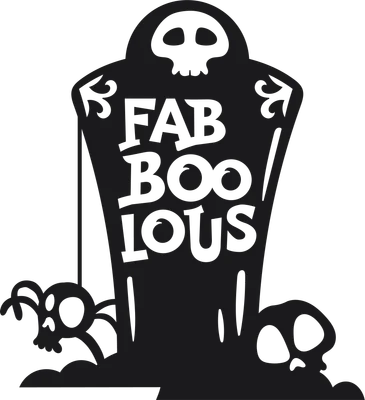 Hình ảnh mộ bia Halloween với chữ "Faboolous", một con nhện nhỏ và một đầu lâu.