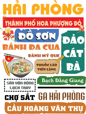 Thiết kế đồ họa về Hải Phòng với các địa danh, đặc sản như bánh đa cua, đảo Cát Bà, Đồ Sơn và hoa phượng đỏ.