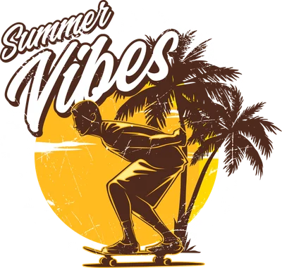 Hình ảnh minh họa "Summer Vibes" với người trượt ván, cây dừa và mặt trời vàng rực.