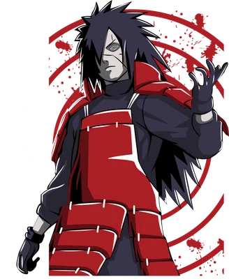 Hình ảnh Madara Uchiha trong Naruto với Sharingan, giáp đỏ và tóc đen.
