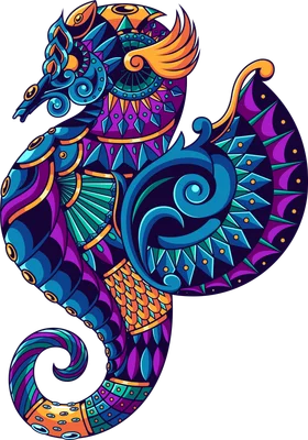 Hình ảnh minh họa hải mã với các họa tiết mandala phức tạp, màu sắc rực rỡ xanh dương, tím, cam, vàng.