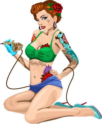 Hình minh họa cô gái phong cách pin-up với mái tóc đỏ, xăm mình và đang cầm máy xăm.