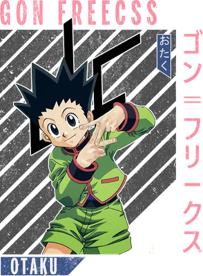 Hình ảnh Gon Freecss từ anime Hunter x Hunter, mặc trang phục xanh lá, tạo dáng ngón tay chữ V.