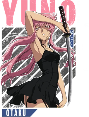 Hình ảnh Yuno Gasai, nhân vật anime tóc hồng cầm kiếm katana, mặc váy đen.