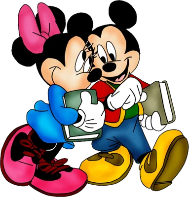 Hình ảnh hoạt hình Mickey và Minnie Mouse vui vẻ ôm sách, nhìn nhau trìu mến trên nền xám đơn sắc.