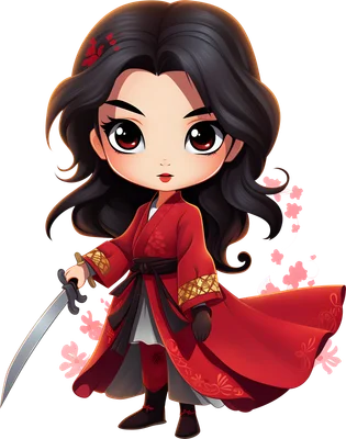 Hình ảnh chibi nữ chiến binh Mulan trong trang phục áo choàng đỏ, cầm kiếm, với hoa anh đào hồng phía sau.