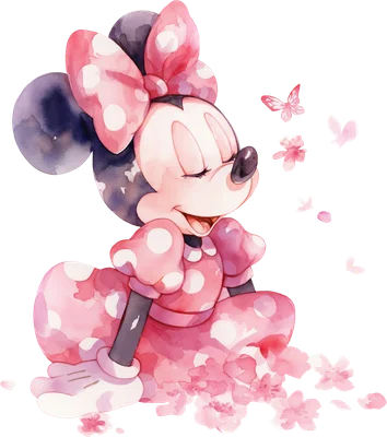 Hình ảnh Minnie Mouse hoạt hình đáng yêu với nơ và váy chấm bi hồng, phong cách màu nước nhẹ nhàng, xung quanh có bướm và hoa.