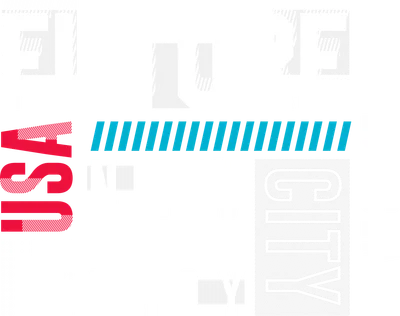 Hình in chữ Future USA New York City với phong cách đô thị, màu xám, trắng, đỏ và xanh lam.
