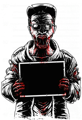 Hình ảnh minh họa zombie đáng sợ với khuôn mặt biến dạng, máu me, cầm một bảng đen trống.