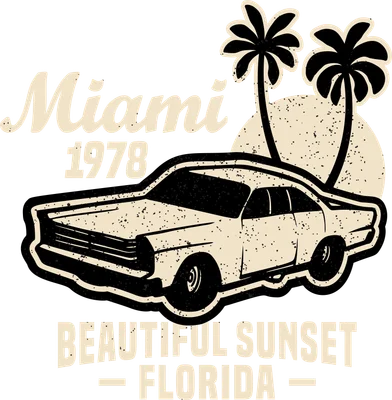 Thiết kế đồ họa xe hơi cổ điển Miami 1978 với cây cọ và hoàng hôn phong cách retro