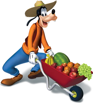 Goofy trong trang phục nông dân, đội mũ rơm, đang đẩy xe cút kít màu đỏ chứa đầy dưa hấu, chuối, táo, cam và nho.