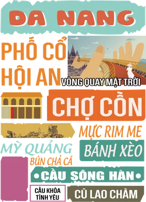 Hình minh họa tổng hợp các địa danh, món ăn nổi tiếng Đà Nẵng và Hội An với chữ và hình ảnh phong cách retro.