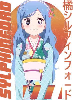 Hình ảnh cô gái anime tóc xanh dài, mặc kimono màu xanh nhạt họa tiết hoa, đeo băng đô hoa, biểu cảm dễ thương.
