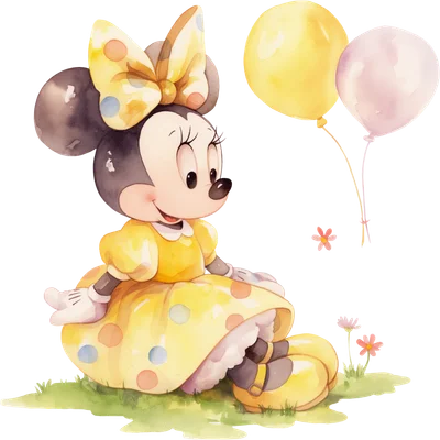 Hình ảnh chuột Minnie dễ thương mặc váy vàng chấm bi, ngồi trên cỏ với hai quả bóng bay màu vàng và hồng, vẽ theo phong cách màu nước.