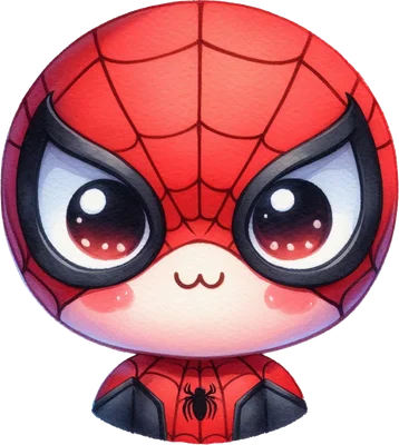 Hình ảnh Người Nhện chibi đáng yêu với đôi mắt to tròn, màu đỏ và đen, phong cách hoạt hình.
