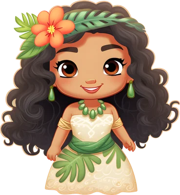 Hình vẽ chibi nhân vật Moana của Disney, tóc xoăn đen, đội hoa và lá, mặc váy trắng họa tiết và đeo vòng cổ xanh lá, mỉm cười.