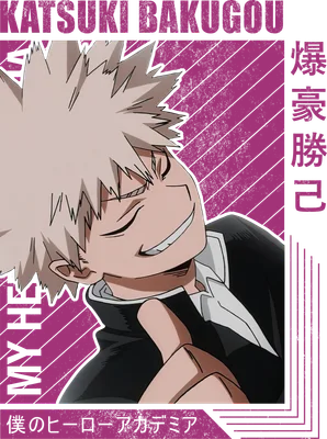 Hình ảnh Katsuki Bakugo với nụ cười nham hiểm, tóc vàng nhọn, mặc đồng phục, có chữ tiếng Nhật và tiếng Anh.