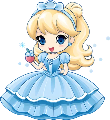 Hình ảnh công chúa chibi tóc vàng, mắt xanh, mặc váy xanh bồng bềnh, đang mỉm cười và cầm một quả táo nhỏ màu đỏ.