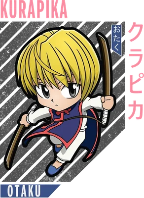 Hình ảnh chibi Kurapika tóc vàng, mặc trang phục xanh trắng, cầm gậy, có chữ KURAPIKA và OTK.