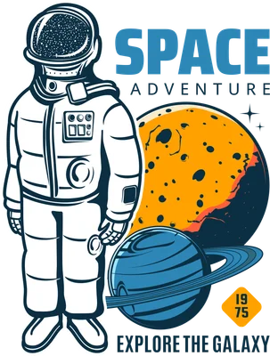 Nhà du hành không gian mặc bộ đồ trắng đứng cạnh hành tinh cam và sao Thổ, phong cách retro vintage với dòng chữ Space Adventure