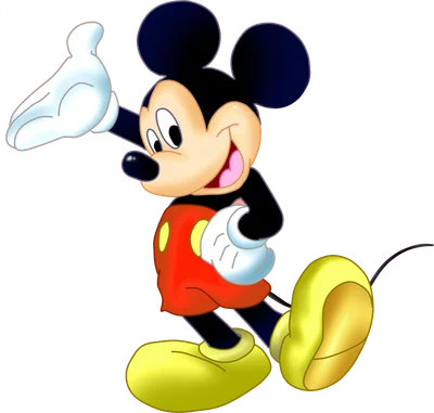 Hình ảnh chuột Mickey hoạt hình màu đen, đỏ, vàng đang vẫy tay chào với nụ cười tươi trên nền xám.