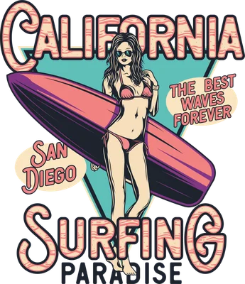 Hình minh họa cô gái mặc bikini cầm ván lướt sóng, có chữ California, San Diego, Surfing Paradise.