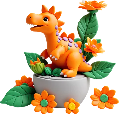 Hình ảnh 3D khủng long con màu cam đáng yêu với gai tím, ngồi trong chậu cây trắng, xung quanh là hoa và lá xanh tươi.