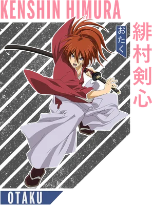 Hình ảnh Kenshin Himura, nhân vật anime samurai với mái tóc đỏ, mặc áo đỏ và quần trắng, cầm kiếm.