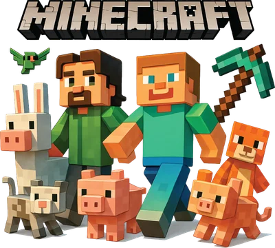 Hình ảnh các nhân vật Minecraft như Steve, Alex cùng các loài động vật như lợn, mèo, thỏ, chim và cuốc chim.