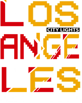Chữ Los Angeles với hiệu ứng pixel art, màu đỏ và vàng, có dòng chữ City Lights và slogan.