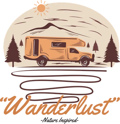 Hình minh họa phong cách vintage xe cắm trại màu cam trên đường, có núi, cây thông và mặt trời, chữ Wanderlust.