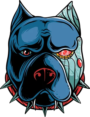 Hình ảnh minh họa chó Pitbull với một bên mặt là máy móc, mắt đỏ rực, đeo vòng cổ gai nhọn.