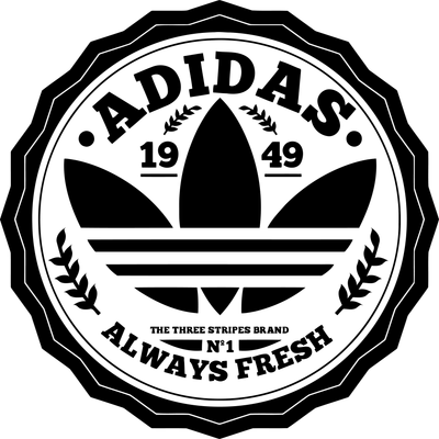 Logo Adidas hình ba lá với dòng chữ "1949" và "Always Fresh" bên trong vòng tròn viền răng cưa.