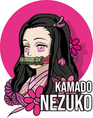 Hình ảnh Nezuko Kamado, nhân vật anime với băng ngậm miệng và trang phục hồng, có hoa văn màu hồng.