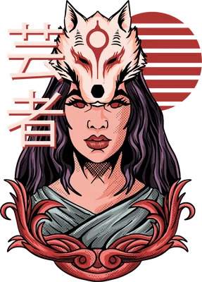 Hình minh họa cô gái Nhật Bản đeo mặt nạ cáo Kitsune với họa tiết mặt trời đỏ và chữ Hán