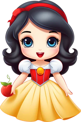 Hình minh họa nàng Bạch Tuyết phiên bản chibi dễ thương với mái tóc đen, mắt xanh, váy vàng đỏ và cầm quả táo đỏ.