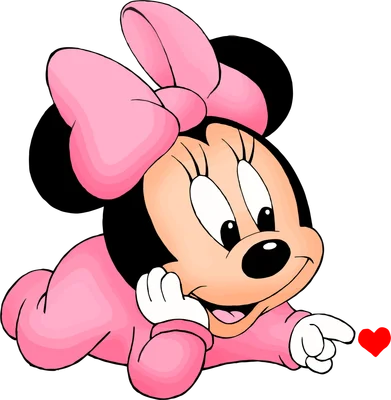 Hình ảnh Minnie Mouse bé con mặc đồ liền thân màu hồng, nằm nghiêng cười tươi và chỉ tay về phía trái tim đỏ.