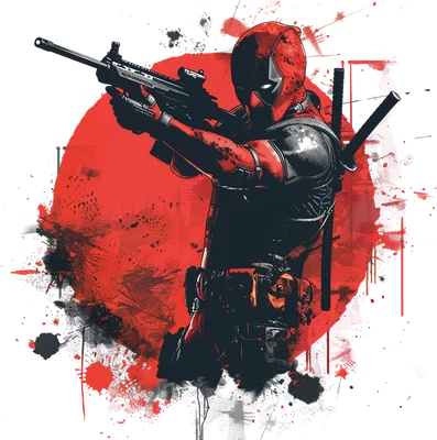 Hình ảnh Deadpool trong trang phục đỏ đen, cầm súng trường, với nền tròn đỏ và hiệu ứng grunge.