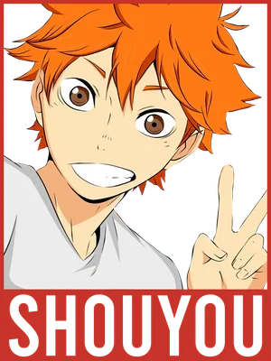 Hình ảnh nhân vật anime Shoyo Hinata Haikyuu với mái tóc cam, cười tươi và giơ hai ngón tay theo ký hiệu hòa bình.