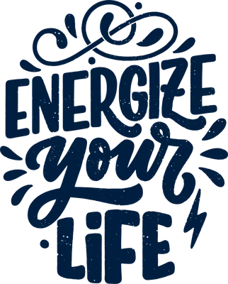 Hình in chữ "Energize Your Life" màu xanh navy trên nền xám, có họa tiết trang trí và tia sét.