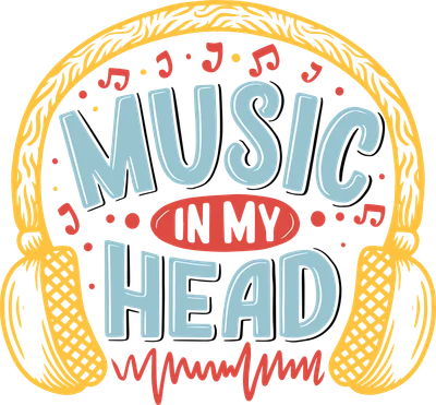 Hình minh họa tai nghe màu vàng với dòng chữ 'MUSIC IN MY HEAD' màu xanh và nốt nhạc đỏ trên nền xám.