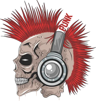 Hình minh họa đầu lâu phong cách Punk Rock đội tai nghe, tóc đỏ dựng đứng