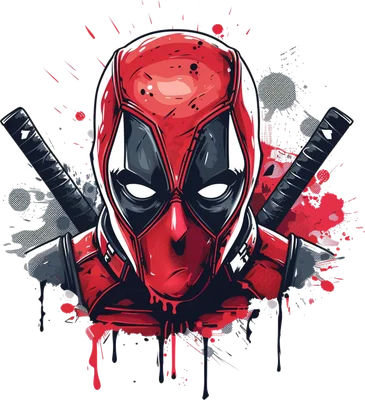 Hình ảnh Deadpool với mặt nạ đỏ đen, hai thanh katana sau lưng và hiệu ứng sơn bắn tung tóe trên nền xám.