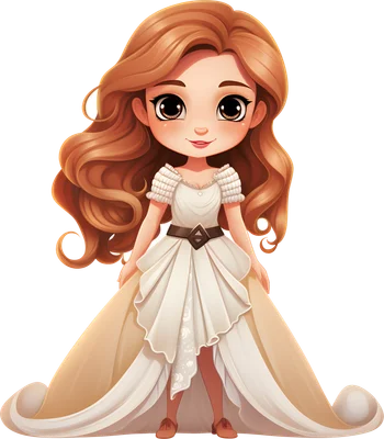 Hình minh họa cô gái chibi tóc nâu dài, mặc váy trắng kem bồng bềnh với thắt lưng nâu, đôi mắt to tròn đáng yêu.