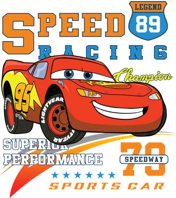 Hình ảnh xe đua Lightning McQueen màu đỏ với số 95, biểu tượng Champion và các dòng chữ liên quan đến đua xe.